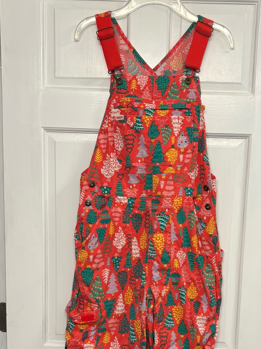 Duluth Trading Co Coral Overalls with Teal and Yellow Tree Print